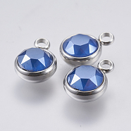 K9 Glass Pendants, with 304 Stainless Steel Findings, Faceted, Flat Round, Stainless Steel Color, Royal Blue, 13.5x10x6mm, Hole: 2.5mm(STAS-F139-003P-04)