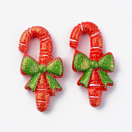 Resin Cabochons, with Glitter Powder, Christmas Theme, Opaque, Candy Canes, with Bowknot, Green, Red, 29x14x6mm(RESI-R429-12)