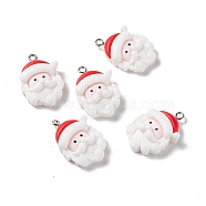 Christmas Theme Opaque Resin Pendants, with Platinum Tone Iron Findings, Santa Claus Head, White, 26.5x18x7.5mm, Hole: 2mm(FIND-E025-14)