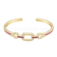 Cubic Zirconia Oval & Fish Open Cuff Bangle, Real 18K Gold Plated Brass Jewelry for Women, Magenta, Inner Diameter: 2-1/8x2-1/2 inch(5.4x6.4cm)(BJEW-G651-06G-04)
