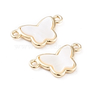 Natural White Shell Links, with Brass Loops & Edge, Long-Lasting Plated, Butterfly, White, Real 18K Gold Plated, 10x18x2.5mm, Hole: 1.4mm(X-KK-F814-23G)