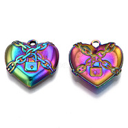 201 Stainless Steel Pendants, Locked Heart Charm, Rainbow Color, 19.5x20x3.5mm, Hole: 1.8mm(STAS-N098-145M)