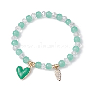 Glass Round Beaded Stretch Bracelets, with Alloy Wing & 304 Stainless Steel Heart Charms, Medium Aquamarine, Inner Diameter: 2-1/8 inch(5.4cm)(BJEW-JB09909-04)