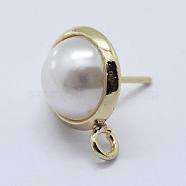 Brass Stud Earring Findings, with Loop, Acrylic Pearl, Golden, 16x12mm, Hole: 2mm, Pin: 0.8mm(KK-P131-02A-10mm-G)
