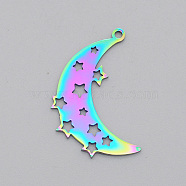 Ion Plating(IP) 201 Stainless Steel Pendants, Laser Cut, Moon with Star, Rainbow Color, 26.5x20x1mm, Hole: 1.5mm(STAS-T056-LA531)