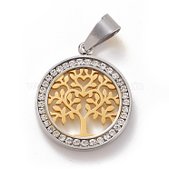 304 Stainless Steel Pendants, with Crystal Rhinestone, Flat Round with Tree, Golden & Stainless Steel Color, 28x24x3mm, Hole: 5x8mm(STAS-L241-027GP)