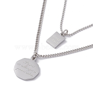 Flat Round & Rectangle with Word Good Luck Pendant Double Layered Necklace, 304 Stainless Steel Jewelry for Men Women, Stainless Steel Color, 14.88 inch(37.8cm)(NJEW-F298-11P)