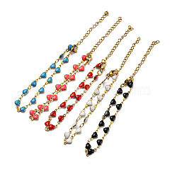 Golden 304 Stainless Steel Heart Link Chain Bracelet with Enamel, Mixed Color, 6-7/8 inch(17.5cm)(BJEW-E088-01G)