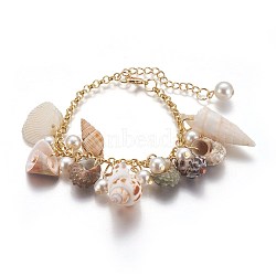Natural Conch Shell Charm Bracelets, with Acrylic Imitation Pearl and Iron Rolo Chains, Golden, 23cm(include extender chain)(X-BJEW-WH0005-01P)
