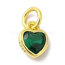 925 Sterling Silver Birthstone Charms, with Single Cubic Zirconia, Heart, Golden, with Jump Ring, Green, 6x5x2mm, Hole: 2.5mm(STER-M0120-02D-G)