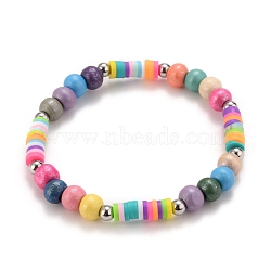 Stretch Bracelets, Including Dyed Natural Wood Beads, Handmade Polymer Clay Disc Beads and 304 Stainless Steel Round Beads, Colorful, Inner Diameter: 2-1/8 inch(5.4cm)(BJEW-JB05748-02)