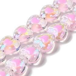 Handmade Glass Beads Strands, Hand Drawn Beads, with Enamel, Heart, Pink, 11~12x12~12.5x6~6.5mm, Hole: 0.6mm, about 30pcs/strand, 13.27''(33.7cm)(LAMP-K037-09C)