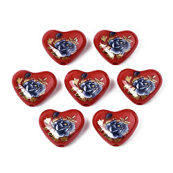 Flower Printed Opaque Acrylic Heart Beads, FireBrick, 16x19x8mm, Hole: 2mm(SACR-S305-28-I01)