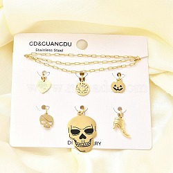 304 Stainless Steel Enamel Shoes Skull Heart Pumpkin Pendant & Necklaces & Bracelets Sets, Jewelry Sets for Women, Real 18K Gold Plated, 16.22 inch(412mm)(SJEW-Q002-01G)