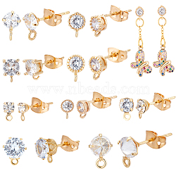 PandaHall Elite 18Pcs 9 Style Brass Micro Pave Clear Cubic Zirconia Stud Earring Findings, with Loops and 20Pcs Brass Ear Nuts, Golden, 5~15.5x3~6.5mm, Hole: 0.7~2mm, Pin: 0.5~0.8mm, 2Pcs/style(ZIRC-PH0001-26)