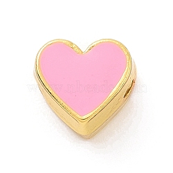 Eco-friendly Rack Plating Brass Enamel Beads, Cadmium Free & Lead Free, Long-Lasting Plated, Real 18K Gold Plated, Heart, Pearl Pink, 7x7.5x5mm, Hole: 1.2mm(KK-F843-30G-08)