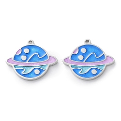 304 Stainless Steel Enamel Pendants, Planet Charm, Stainless Steel Color, 15x17.5x1.5mm, Hole: 1mm(STAS-M102-22P-04)