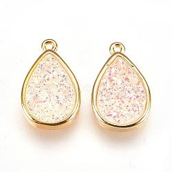 Resin Imitation Druzy Crystal Pendants, with Brass Findings, teardrop, Golden, Misty Rose, 16.5x10.5x4~5mm, Hole: 1mm(KK-O101-A07)