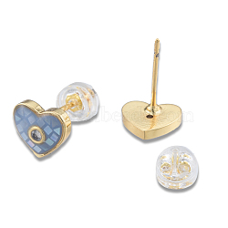 Natural Shell & Enamel Heart Stud Earrings with Cubic Zirconia, Golden Brass Jewelry for Women, Nickel Free, Light Sky Blue, 7.5x8.5mm, Pin: 0.7mm(EJEW-N011-79C)