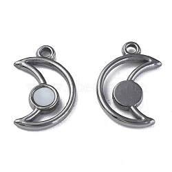 304 Stainless Steel Pendants, with Natural White Shell, Moon, Stainless Steel Color, 18x12x2mm, Hole: 1.8mm(STAS-N087-50-05P)