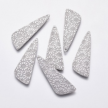 304 Stainless Steel Pendants, Triangle with Flower, Stainless Steel Color, 40x13x1mm, Hole: 1mm