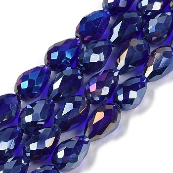 Transparent Electroplate Glass Beads Strands, AB Color Plated, Faceted, Teardrop, Dark Blue, 5~6x4mm, Hole: 0.9mm, about 65~67pcs/strand, 15.35~16.4''(39~41cm)