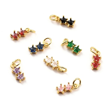 Brass Cubic Zirconia Charms, Real 18K Gold Plated, Cadmium Free & Lead Free, Double Star, Mixed Color, 12x5x3mm, Hole: 3.8mm