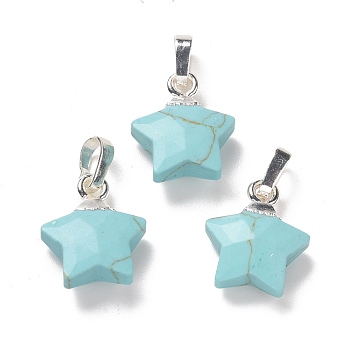 Synthetic Turquoise Charms, with Long-Lasting Plated Brass Findings, Faceted, Star, Silver, 14x13x5mm, Hole: 3.5x5.5mm
