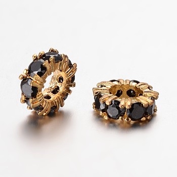 Large Hole Ring Brass Micro Pave Cubic Zirconia Spacer Beads, Golden, Black, 11x4mm, Hole: 5mm