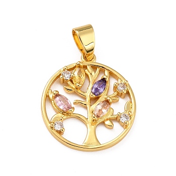 Brass Micro Pave Colorful Cubic Zirconia Pendants, Flat Round with Tree, Real 18K Gold Plated, 22.5x19.5x3mm, Hole: 6x3mm