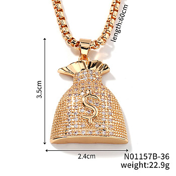 Shiny Hip-hop Style Brass Crystal Rhinestone Dollar Money Bag Pendant Box Chain Necklaces, Golden, 23.62 inch(60cm)