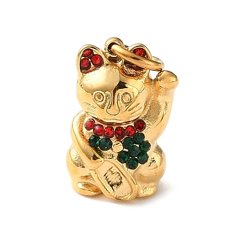 304 Stainless Steel Rhinestone Pendants, Maneki Neko Charms, Golden, 16x10.5x9mm, Hole: 4mm