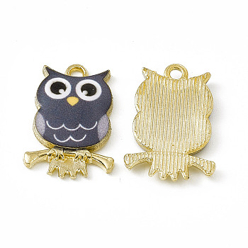 Painted Alloy Pendants, Owl Charm, Cadmium Free & Nickel Free & Lead Free, Golden, Gray, 21.5x15x2.3mm, Hole: 2mm