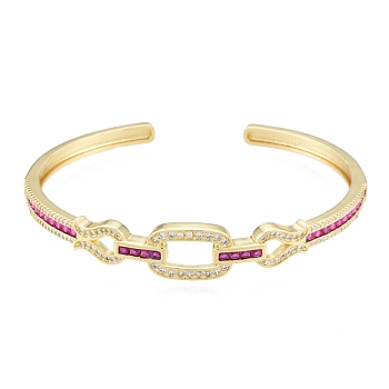 Cubic Zirconia Oval & Fish Open Cuff Bangle, Real 18K Gold Plated Brass Jewelry for Women, Magenta, Inner Diameter: 2-1/8x2-1/2 inch(5.4x6.4cm)