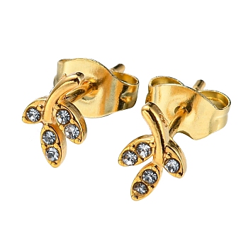Vacuum Plating 304 Stainless Steel Stud Earrings with Rhinestone for Women, Leaf, Golden, 7x6mm