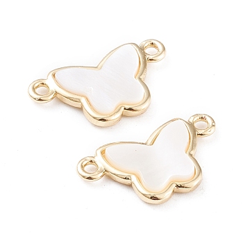 Natural White Shell Links, with Brass Loops & Edge, Long-Lasting Plated, Butterfly, White, Real 18K Gold Plated, 10x18x2.5mm, Hole: 1.4mm