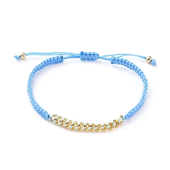 Adjustable Nylon Thread Braided Bead Bracelets, with Golden Plated Brass Enamel Curb Chains, Light Sky Blue, Inner Diameter: 2-1/4~3-1/2 inch (5.6~9cm)