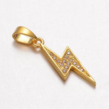 Lightning Bolt Brass Micro Pave Cubic Zirconia Pendants, Golden, 19.5x7.5x1.5mm, Hole: 4x3.5mm