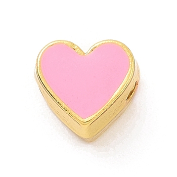 Eco-friendly Rack Plating Brass Enamel Beads, Cadmium Free & Lead Free, Long-Lasting Plated, Real 18K Gold Plated, Heart, Pearl Pink, 7x7.5x5mm, Hole: 1.2mm