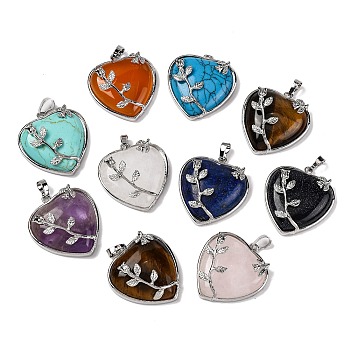 Heart Natural & Synthetic Mixed Stone Pendants, with Platinum Plated Brass Pendant Settings, 36x31~33mm, Hole: 6mm