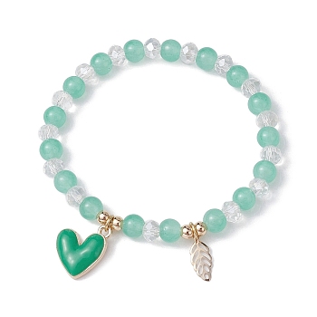 Glass Round Beaded Stretch Bracelets, with Alloy Wing & 304 Stainless Steel Heart Charms, Medium Aquamarine, Inner Diameter: 2-1/8 inch(5.4cm)