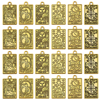 24Pcs 6 Style Zinc Alloy Pendants, Rectangle with Tarot Charm, Antique Golden, 23.3x14x1.5mm, Hole: 1.8mm, 4pcs/style