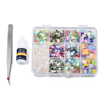 Nail Art Sets, with Resin Cabochons, with Nail Glue and Tweezers, Mixed Shapes, Mixed Color, 135x9.5x5mm