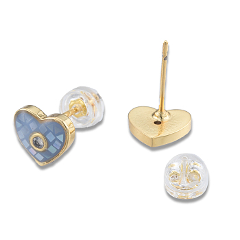 Natural Shell & Enamel Heart Stud Earrings with Cubic Zirconia, Golden Brass Jewelry for Women, Nickel Free, Light Sky Blue, 7.5x8.5mm, Pin: 0.7mm