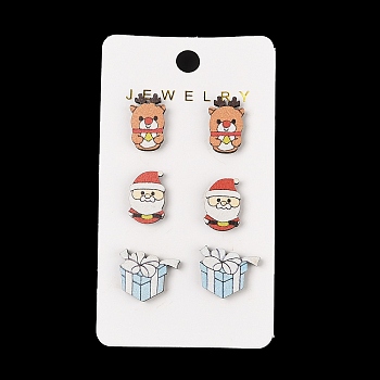 Wood Stud Steel Needle Earrings, Deer & Gift & Santa Claus, Mixed Color, 10x16.5mm