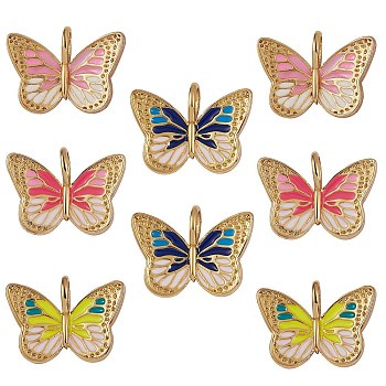 8Pcs 4 Colors Brass Enamel Pendants, Real 18K Gold Plated, Long-Lasting Plated, Butterfly, Mixed Color, 16.5x22x5mm, Hole: 5x3mm, 2pcs/color