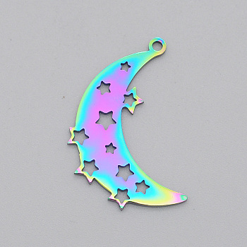 Ion Plating(IP) 201 Stainless Steel Pendants, Laser Cut, Moon with Star, Rainbow Color, 26.5x20x1mm, Hole: 1.5mm