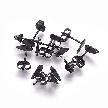 304 Stainless Steel Stud Earring Findings, with Flat Plate, Teardrop, Electrophoresis Black, 8x5x0.7mm, Hole: 1mm, Pin: 0.8mm