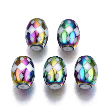 Electroplate Glass Beads, Barrel with Rhombus Pattern, Colorful, 11x8mm, Hole: 1.2mm, about 200pcs/bag