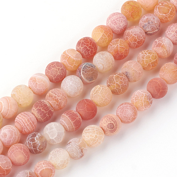 Natural Fire Crackle Agate Bead Strands, Frosted, Dyed, Round, Light Salmon, 10mm, Hole: 1.5mm, about 38pcs/strand, 15.1 inch
